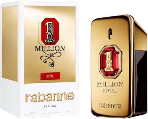 Ein Parfümflasche und eine Verpackung in Gold, Rot und Schwarz, beschriftet '1 Million Royal' von Rabanne.