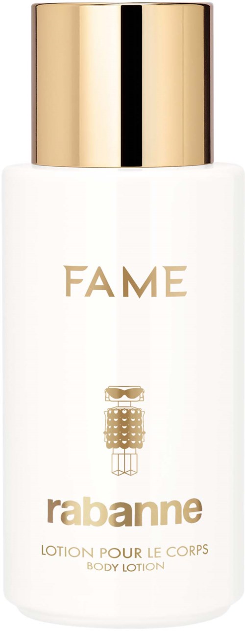 Eine weiße Körperlotionflasche mit goldener Kappe, beschriftet mit 'FAME' und 'rabanne', mit kleinen Illustrationen und Text.