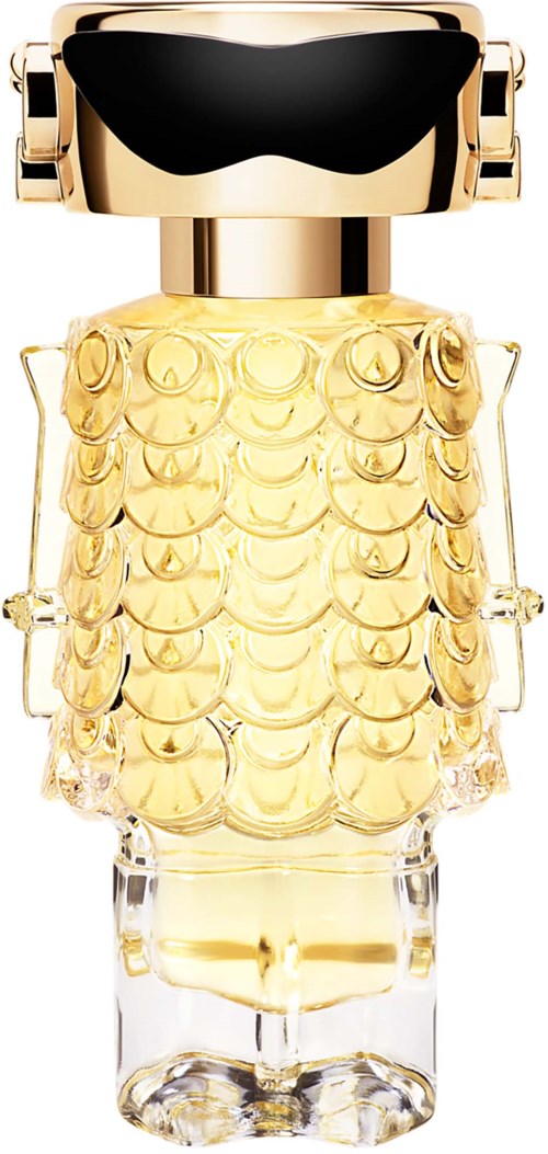 Ein Parfümfläschchen in Robot-Form mit goldenen und klaren Teilen und einem schwarzen Masken-Aufsatz.