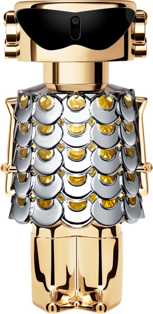Een robot met een glanzend gouden lichaam en zilveren, schubachtige bepantsering, met een zwart vizier op zijn hoofd.