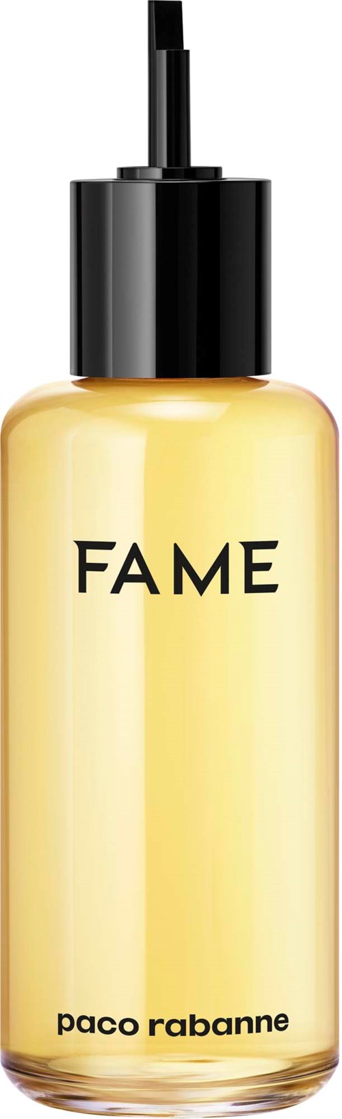 Eine Flasche mit 'FAME' Beschriftung, schwarzem Sprühkopf, enthält eine gelbliche Flüssigkeit, von Paco Rabanne.
