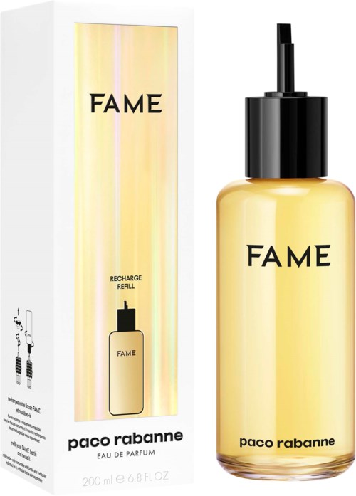 Ein Parfühölz mit der Aufschrift "FAME" von Paco Rabanne, neben einer Nachfüllbox.