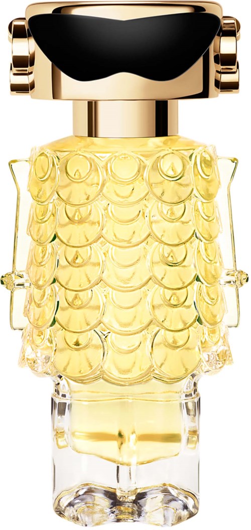 Ein Parfümflasche mit goldenem, strukturiertem Körper und schwarzem Deckel, in Tierform.