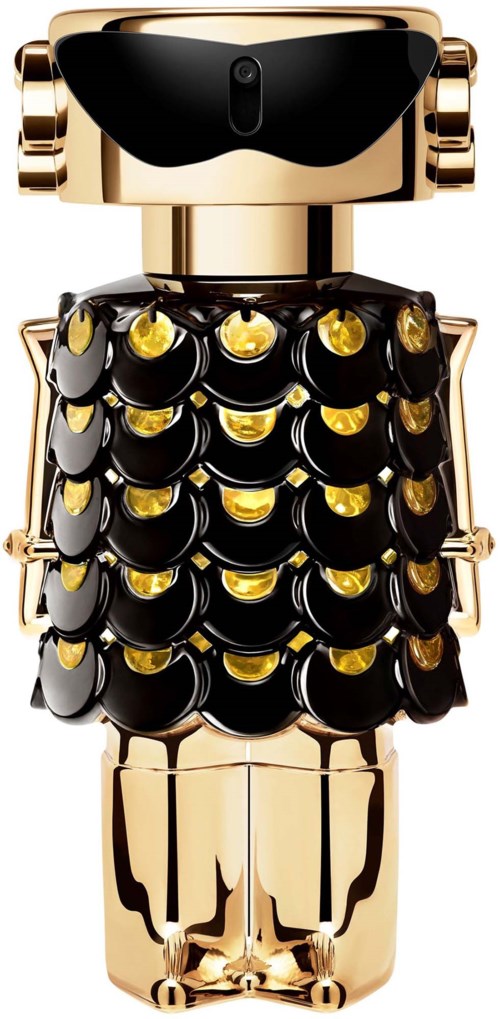 Ein roboterähnliches Objekt mit goldfarbenem Körper und schwarzen glänzenden Dekorationen, sieht stilvoll und luxuriös aus.