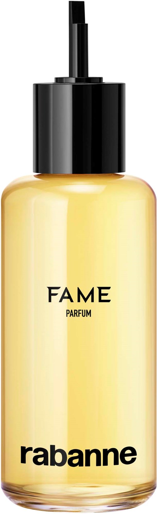 Ein Parfümflasche mit 'Fame' von Rabanne und schwarzem Sprühkopf.
