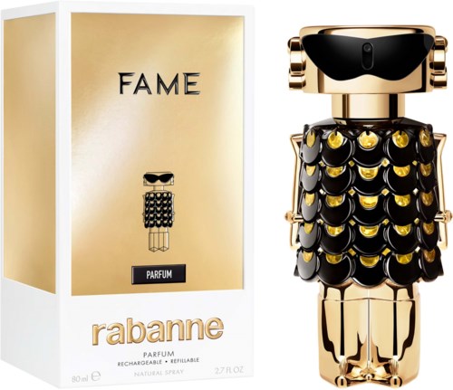 Ein Parfümflasche in Robot-Design mit Gold- und Schwarzelementen, neben Verpackung.