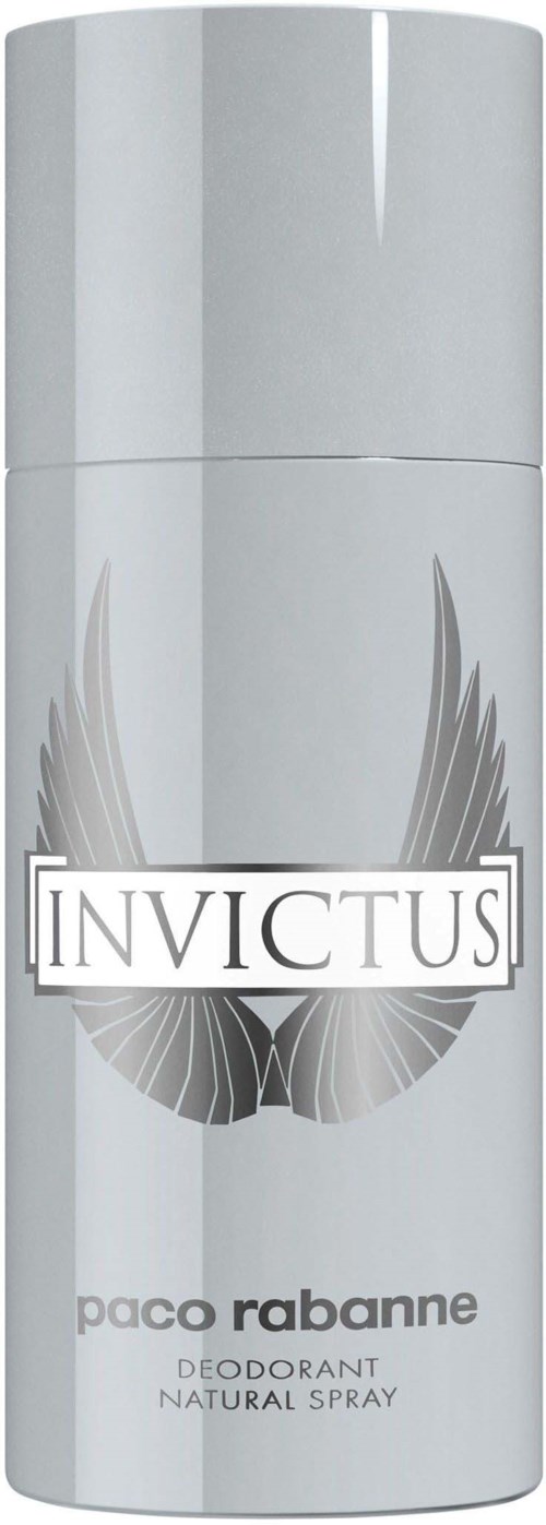Ein weißer Deospray mit grauem Flügel-Design und dem Wort 'Invictus'.