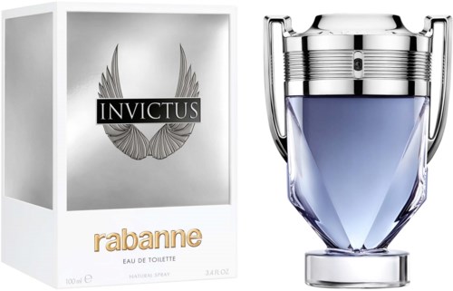 Een fles en doos voor Invictus door Rabanne parfum, strak zilveren en blauwe ontwerp, met een modern logo en elegante verpakking.