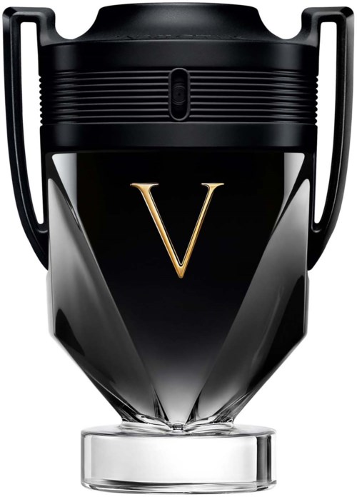 Eine schwarze Flasche mit goldenem V, breitem Oberteil und modernem Design.
