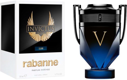 Ein Parfümflasche und -verpackung, mit 'Invictus Victory Elixir' von Rabanne, schwarz-blaues Design.