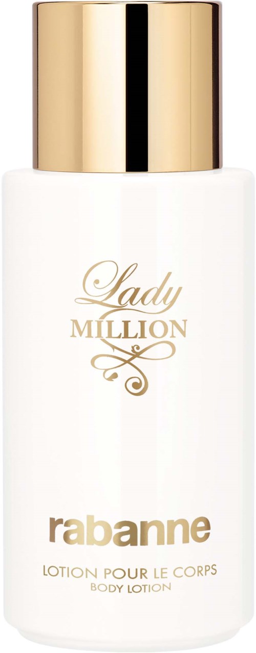 Eine weiße Flasche mit goldener Kappe, beschriftet "Lady Million" und "Rabanne," ist eine Körperlotion.