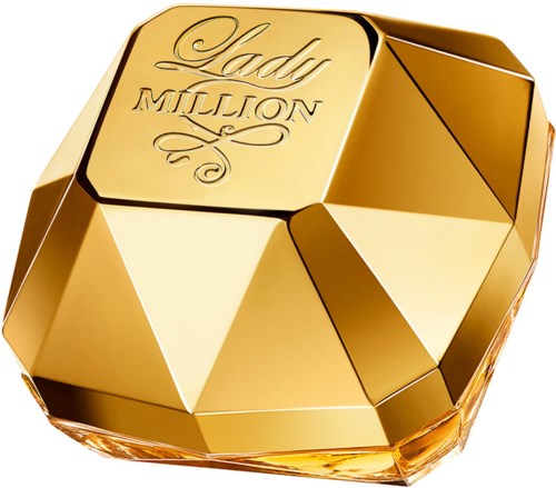 Goldfarbener Compact mit der Gravur "Lady Million" auf der Oberseite.