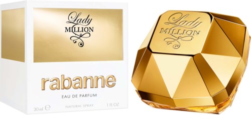 Ein Parfümset und eine goldfarbene Parfümflasche mit "Lady Million" und "Rabanne".