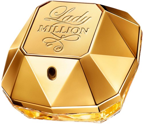 Een goudkleurige houder in de vorm van een edelsteen met 'Lady Million' erop gegraveerd.