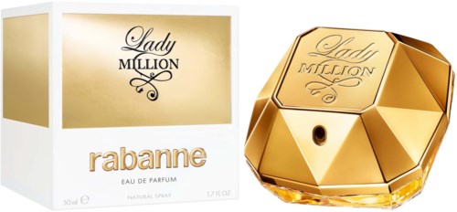 Gouden Lady Million parfumfles en verpakking, elegant ontwerp, met de naam 'rabanne' zichtbaar.