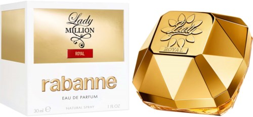 A perfume bottle and box, gold and white design, with the words "Lady Million" and "Rabanne" on the box.