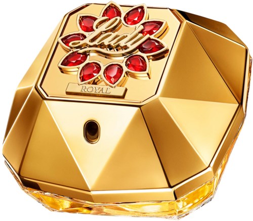 Goldene und rote Lush Royal Kosmetikkarton mit Blumendesign an der Spitze.