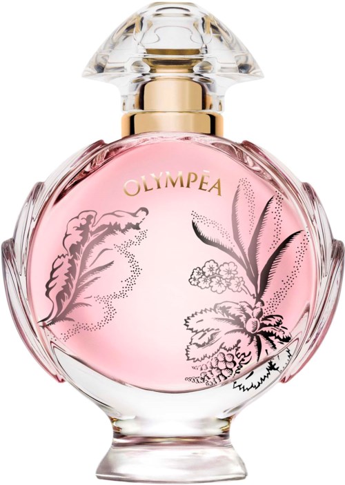 En rosa parfymflaska med blomsterdesign och guldlock, märkt 'OLYMPEA'.