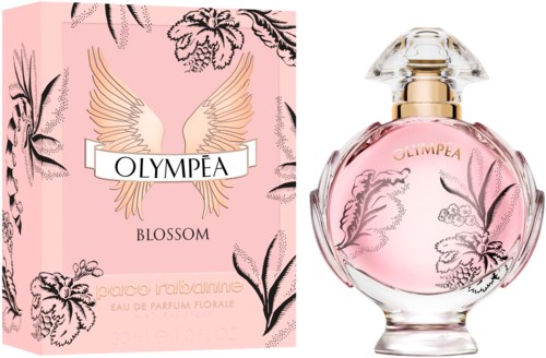 En rosa parfymförpackning och flaska med blommiga och vingskarстер, märkt 'OLYMPEA BLOSSOM' och 'daliqo rainbow'.