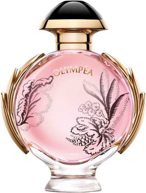 Een parfumfles met roze vloeistof, gouden accenten en bloemenontwerp binnen.