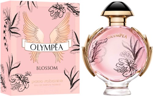 Een roze parfumfles met bloemendesign en gouden accenten, en een bijpassend roze doos met vleugels en bloemillustraties.