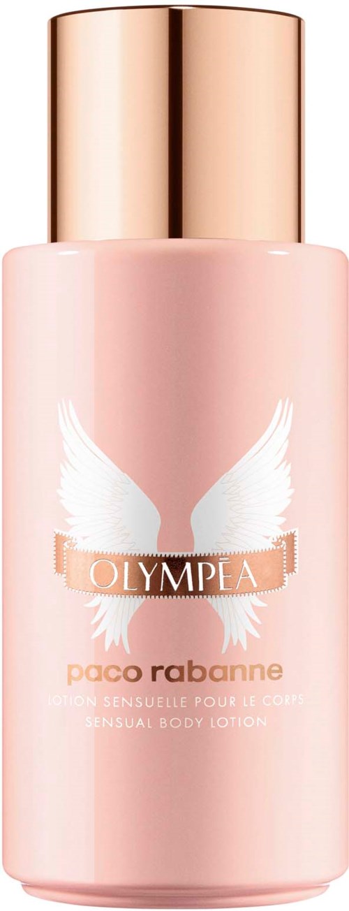 Eine rosa Lotionflasche mit weißen Engelsflügeln und goldener Kappe, beschriftet 'OLYMPEA' und 'paco rabanne'.