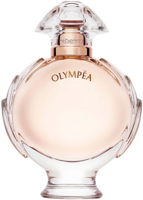 Eine runde, elegante Parfümflasche mit 'OLYMPEA' darauf, aus klarem Glas mit dekorativem Deckel.
