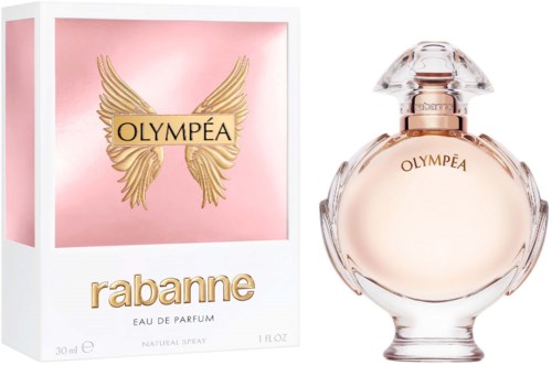 Parfümflasche und Box mit goldenen Flügeln und rosa Hintergrund. Die Marke ist Rabanne, genannt Olympéa.