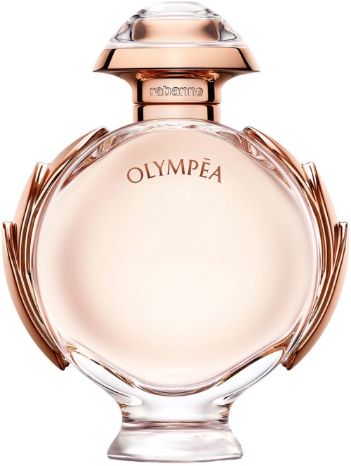 Een ronde parfumfles met een roségouden dop en decoratieve details, gemerkt 'OLYMPÉA' in het midden.