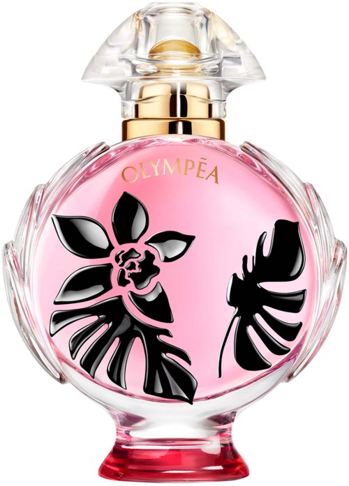 Rote Parfümflasche mit schwarzen Blumen- und Blattdesign, goldenen und klaren Deckel, mit dem Namen OLYMPEA.