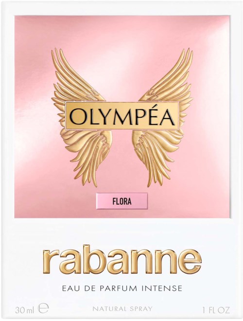 Ein Parfümflasche mit goldenen Flügeln, rosa Hintergrund und den Worten "OLYMPÉA" und "rabbane."