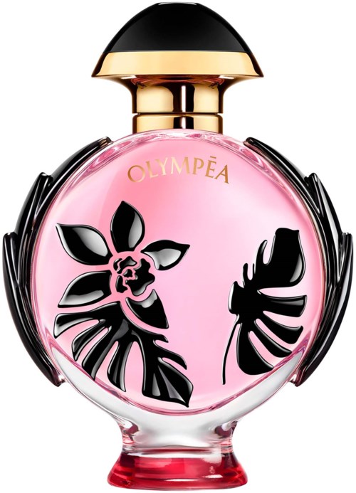 Eine rosa Parfü Bottle mit schwarzen Blumenmustern, goldener Kappe und dem Wort 'OLYMPÉA'.