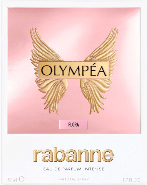 Pinkes Hintergrund mit goldenen Flügeln und den Worten 'OLYMPEA' und 'FLORA'. 'Rabanne' und Parfüminformationen unten.
