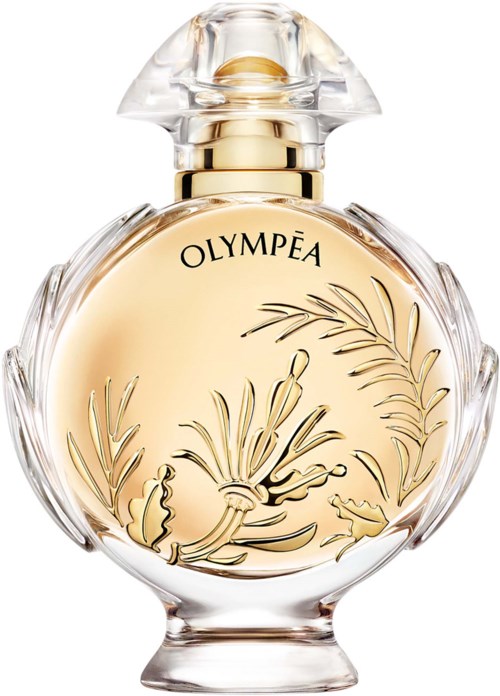 Eine klare Glasparfümflasche mit goldfarbenen Akzenten, gravierten Pflanzenmotiven und dem Wort 'OLYMPÉA'.