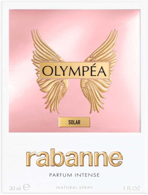 Ein Parfümkarton mit goldenen Flügeln und dem Wort 'OLYMPEA'. Es hat einen rosa Hintergrund und erwähnt 'SOLAR' und 'rabbane'.