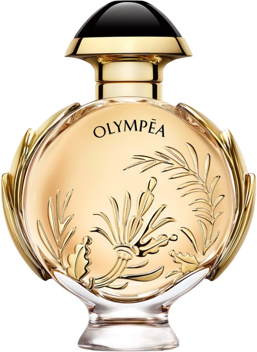 Ein Parfümflasche mit goldenen Details, Blumenmustern und dem Schriftzug "OLYMPEA".