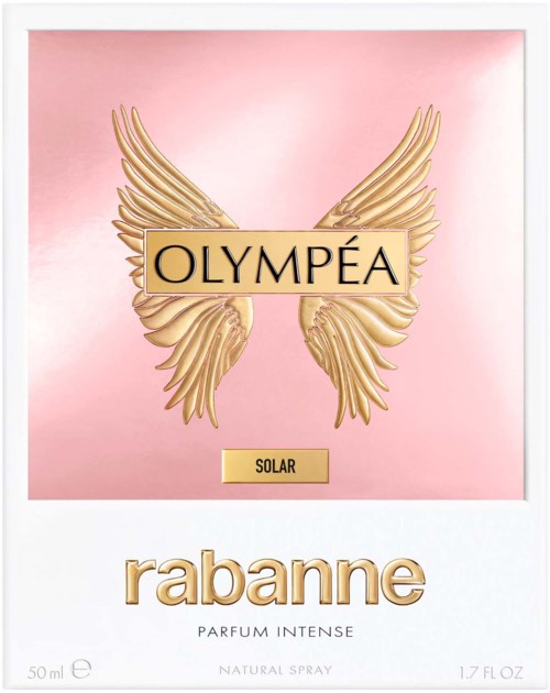 Ein Logo mit goldenen Flügeln und dem Wort "OLYMPEA" auf beige. Darunter Rabanne und Parfümdetails.