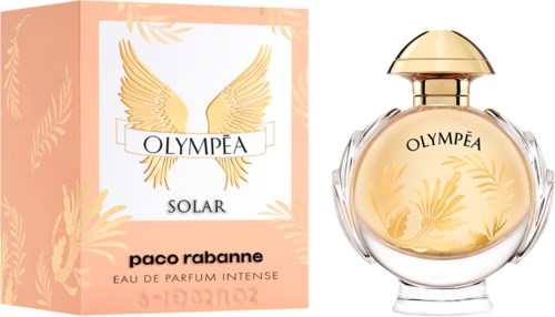 En parf bottle och box med guldvingar, märkt Olympéa Solar, Paco Rabanne, och Eau de Parfum Intense.