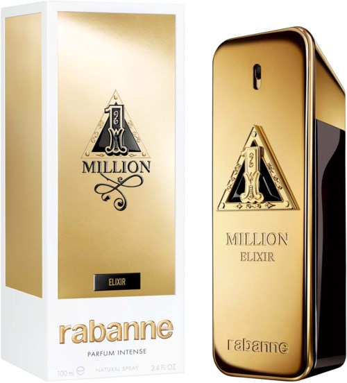 Das Bild zeigt eine goldfarbene Parfümflasche und deren Verpackung, beide mit '1 Million Elixir' von Rabanne.
