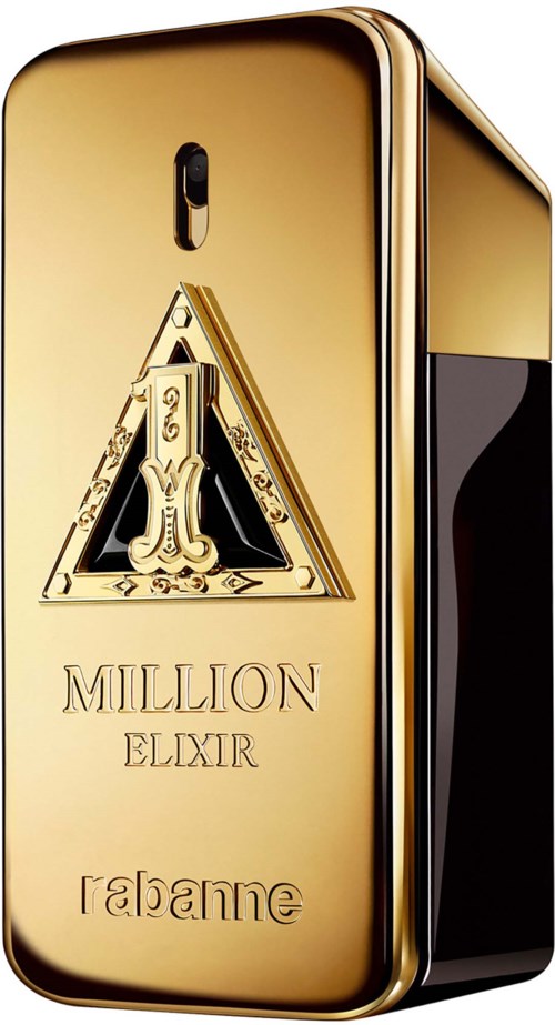 Ein goldfarbenes Gerät mit einem großen Buchstaben A und den Text "MILLION ELIXIR" und "rabanne".