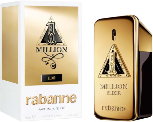 Goldfarbene Parfümflasche und Box mit elegantem schwarzen und goldenen Logo, mit Beschriftung 'Million Elixir' und 'Rabanne.'
