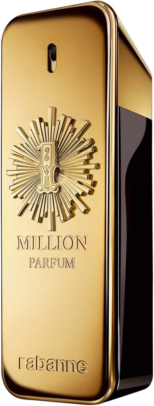 Gold perfume bottle with a ornate logo and the words "Million Parfum" and "Rabenne" on it.