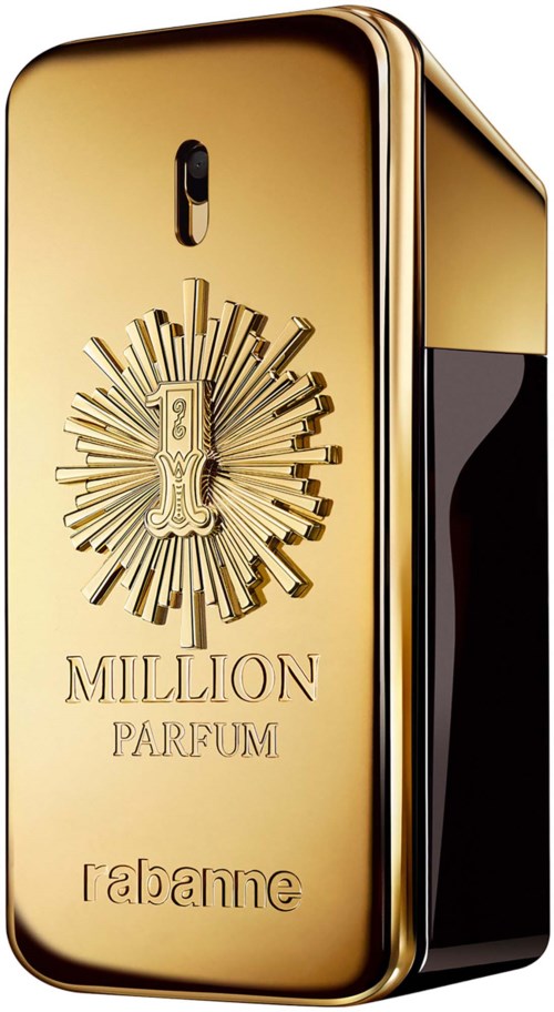 Eine goldfarbene Parfümflasche mit schwarzem Seitenteil, aufwändigem Design und den Worten "Million Parfum" und "Rabanne."