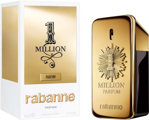 Ein Parfümflasche und eine Schachtel mit Goldakzenten, Markenname '1 Million parfum' von Rabanne.