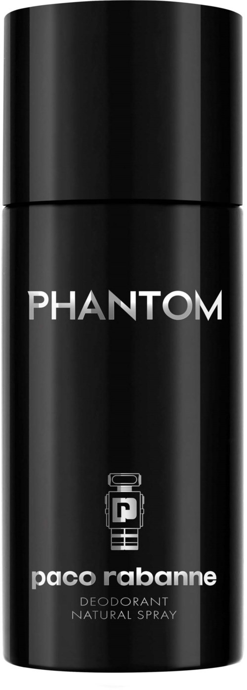 Eine schwarze Deodorant-Spre dose mit weißem Text: Phantom, Paco Rabanne, natürliches Spray.