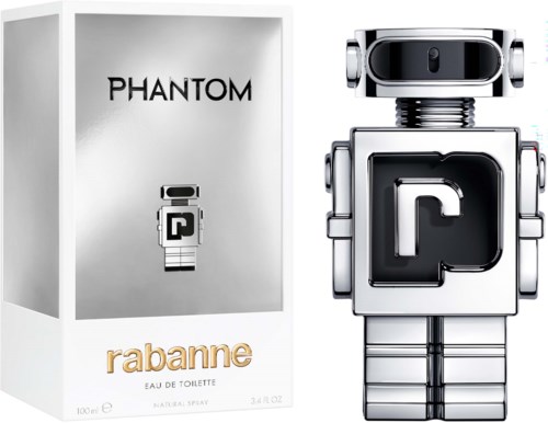 Ein Parfümflasche und eine Box für Rabanne Phantom mit Robotermotiv.
