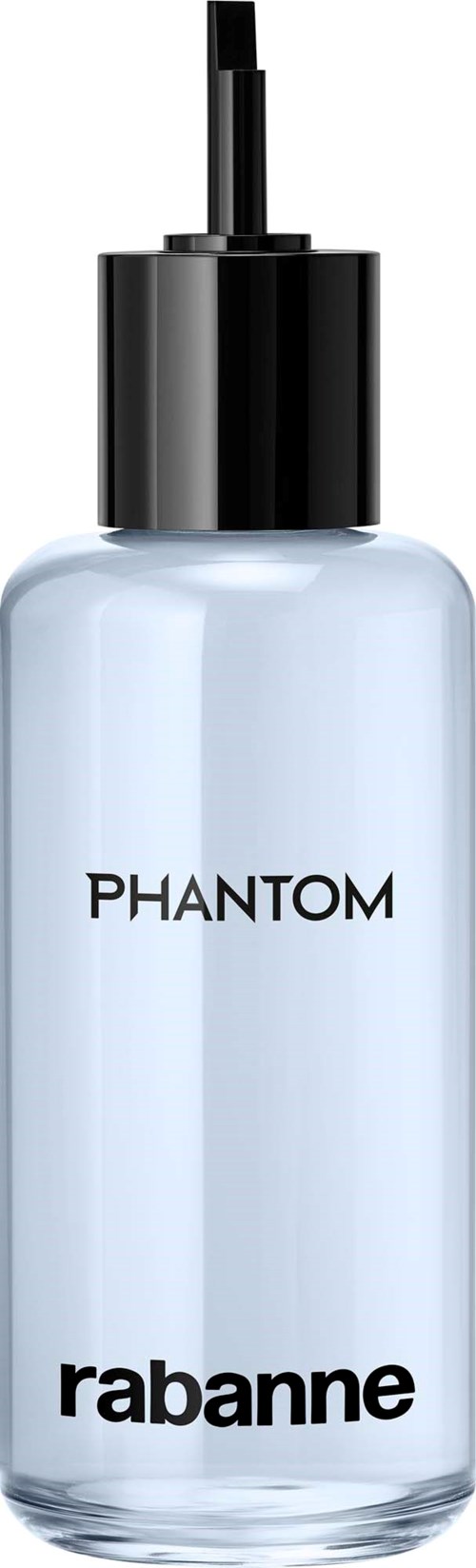Eine klare Flasche mit schwarzem Sprühkopf, beschriftet 'Phantom' von Rabanne.