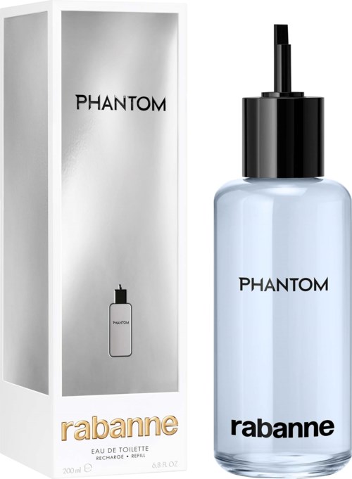 Ein Parfümflasche und eine Box mit 'Phantom' von Rabanne, mit schwarzem Deckel und hellblauer Sprühflasche.