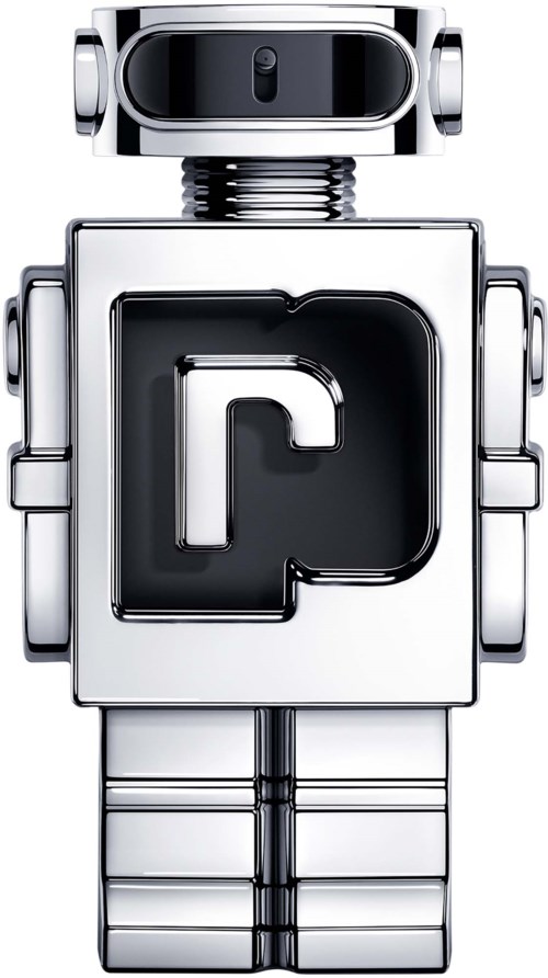 Ein glänzender Roboter mit schwarzem Gesicht, ein quadratischer Körper und ein 'P'-Logo auf der Brust.