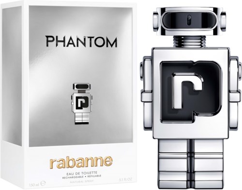 Eine Roboterzeichnung neben einer Box mit Phantom Rabanne Parfüm und einem kleinen Roboterschlüsselanhänger.